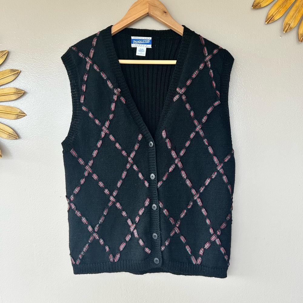 Vintage Pendleton Sweater Vest Black Wool Tartan Plaid Ribbon Size Large